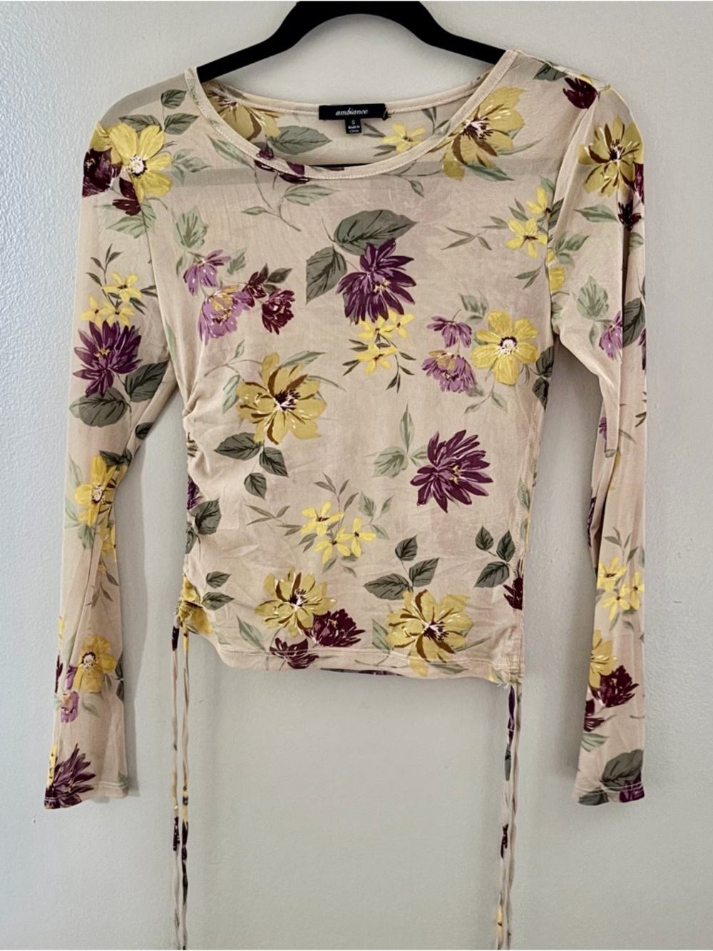 Floral Mesh Top Ruched Side Tie Y2K Fairycore Whimsygoth Sheer Long Sleeve